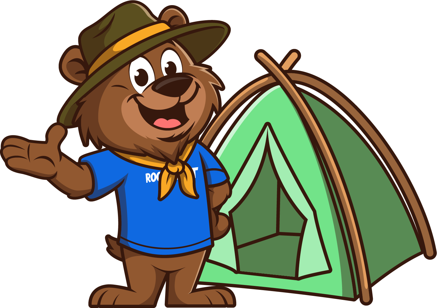 Teddy standing next to a tent